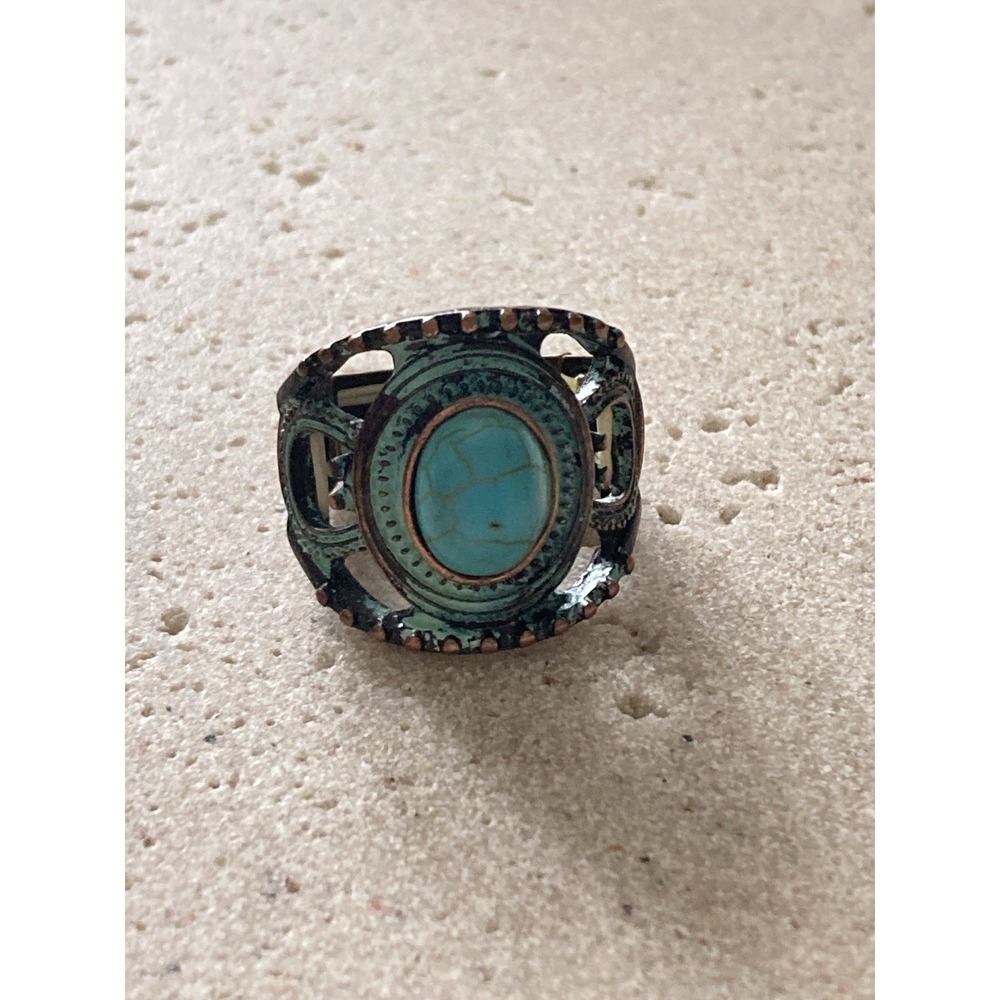 Patina Copper Tone Stretch Ring Size 8 Rustic Artisan Adjustable Faux Turquoise
